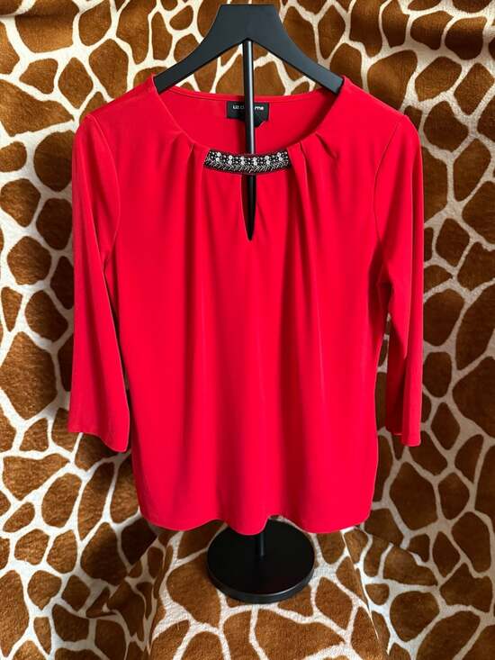 Liz Claiborne Tops - Liz Claiborne Career Petite Red 3/4 Sleeve Embellished Neckline Blouse